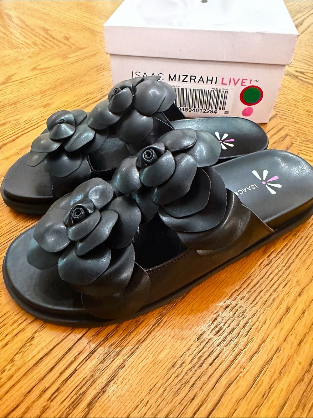 Isaac Mizrahi Live! Black Floral Slide Sandals